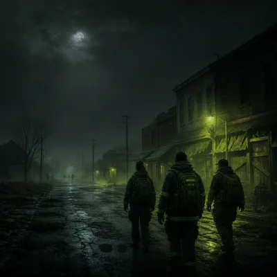 Original illustration of three emergency responders walking through a foggy abandoned street at night.